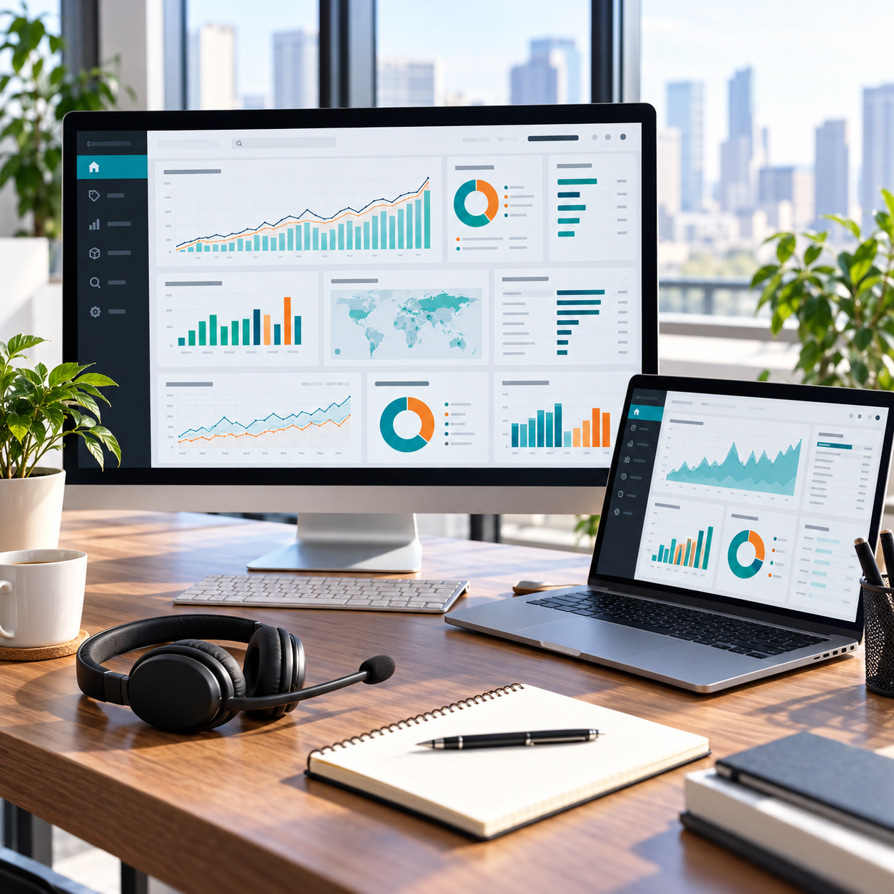 Remote marketplace consulting workspace showing Seller Central account analytics and performance dashboards