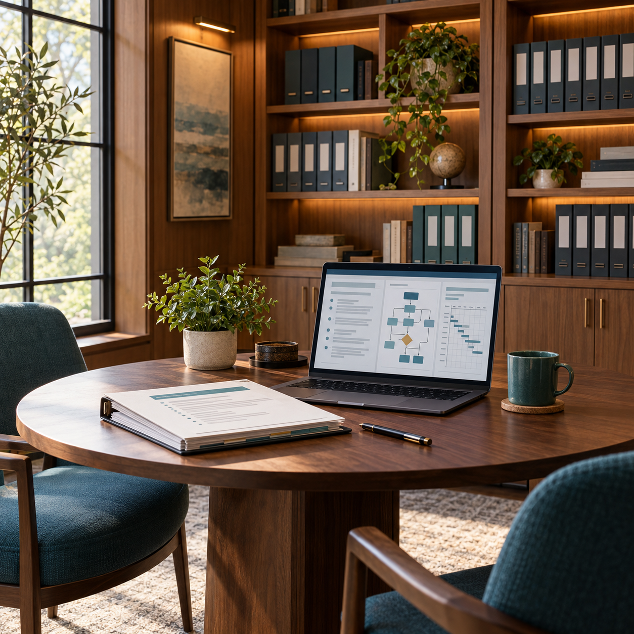 Business operations consulting workspace with SOP documents, a 3D office render, workflow map, and logistics planning