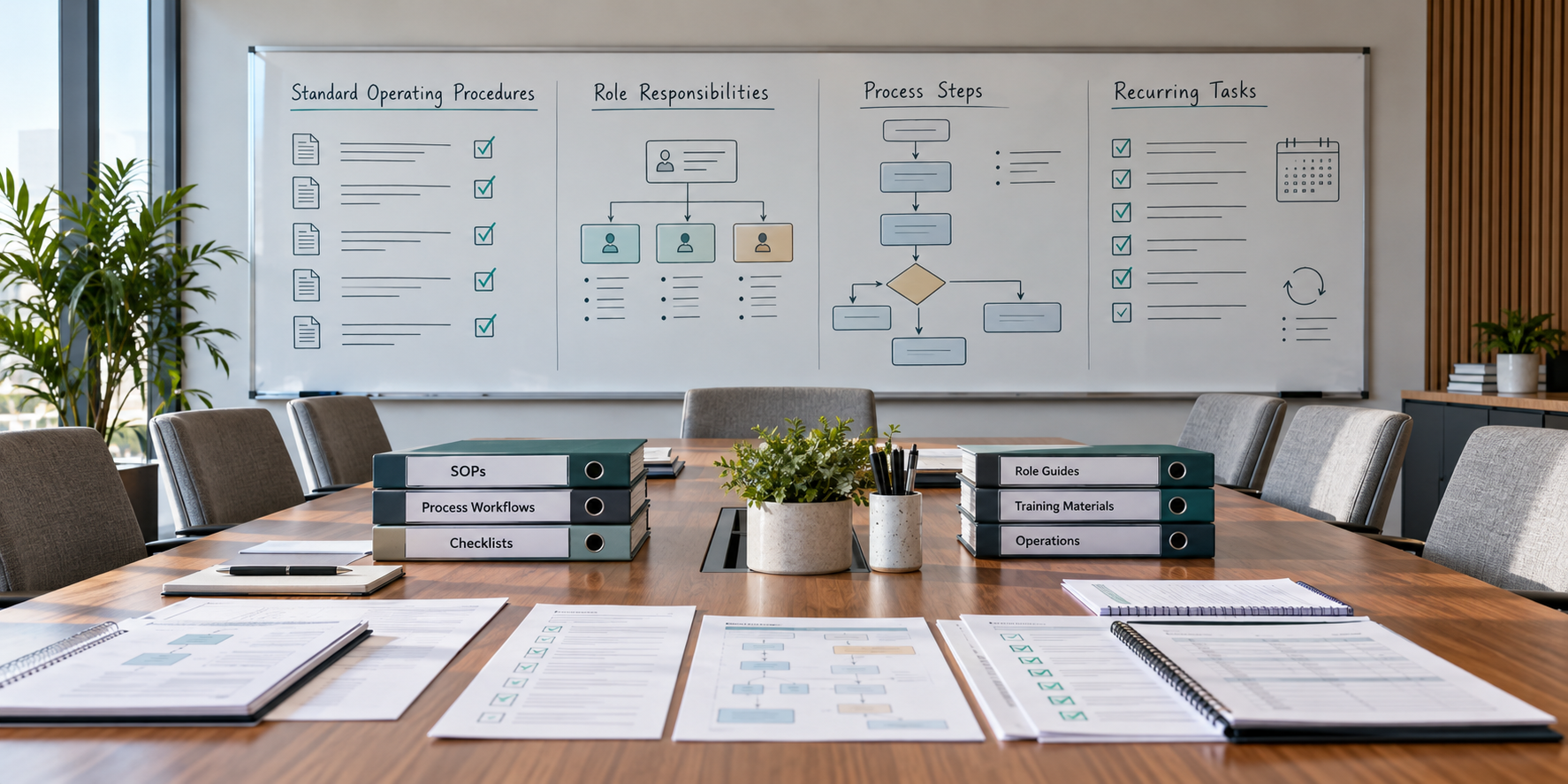 Conference room with standard operating procedures, role responsibilities, process steps, and checklists