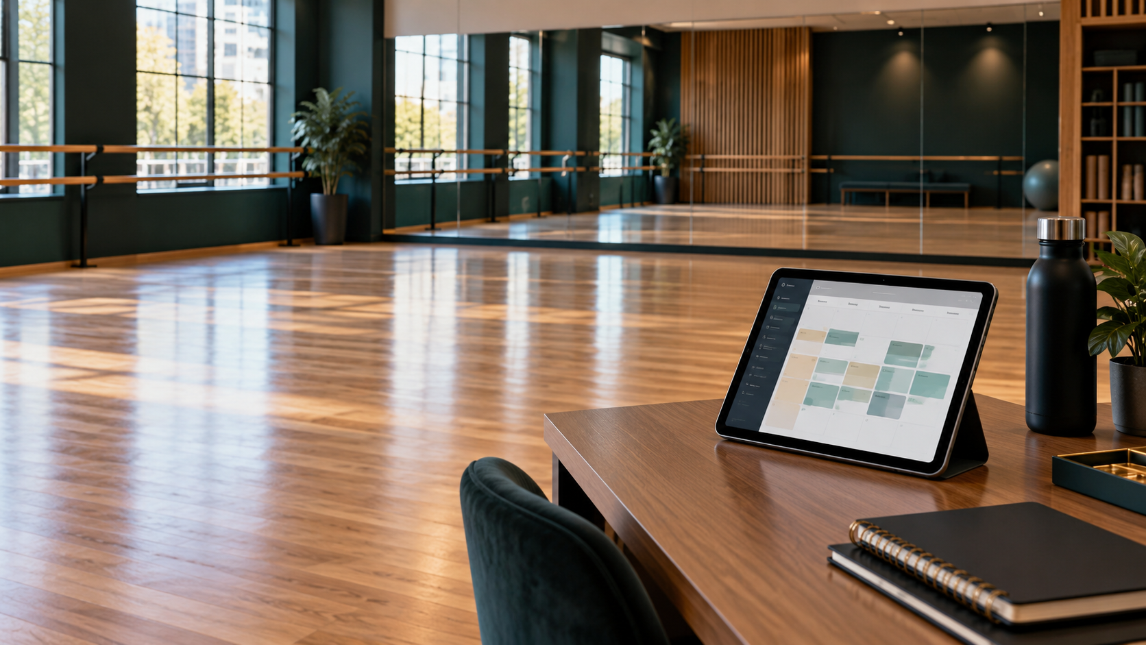 An empty dance studio with a tablet displaying a class schedule