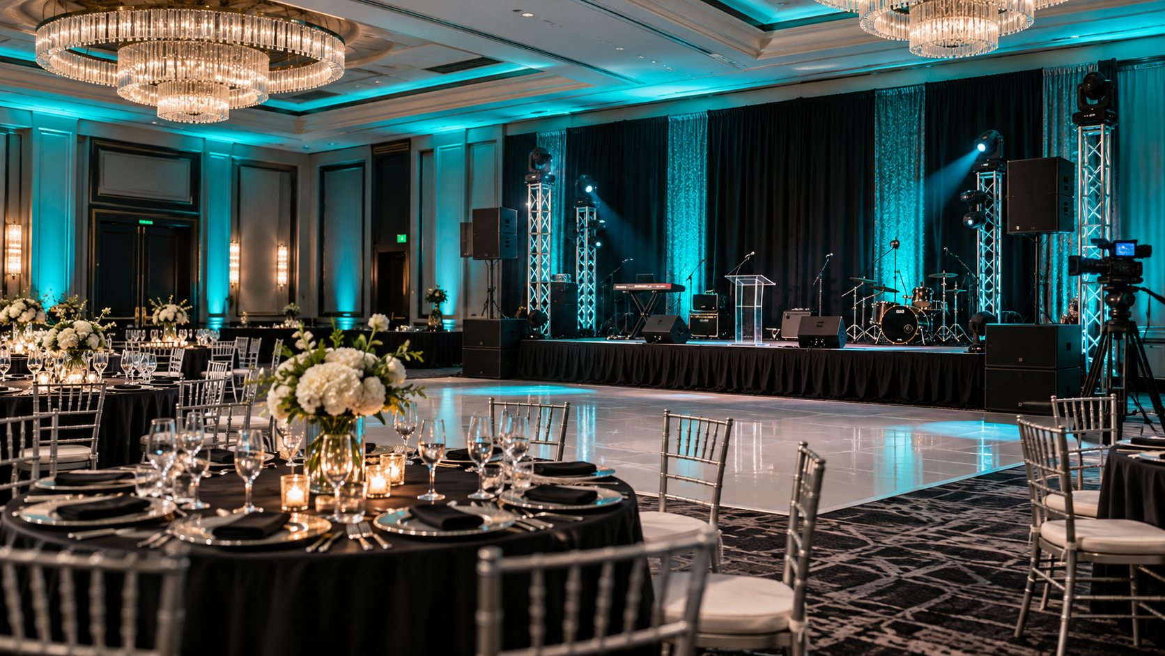 An empty event ballroom prepared with lighting, sound, and video equipment