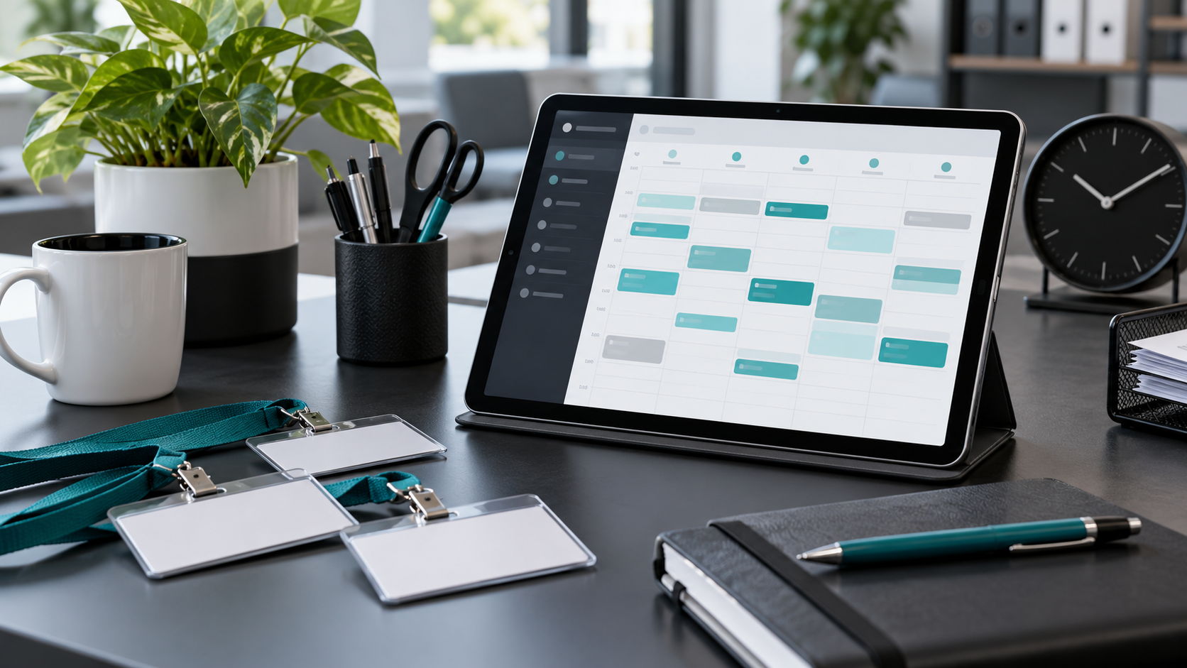 A tablet with a staff schedule on a tidy workplace desk